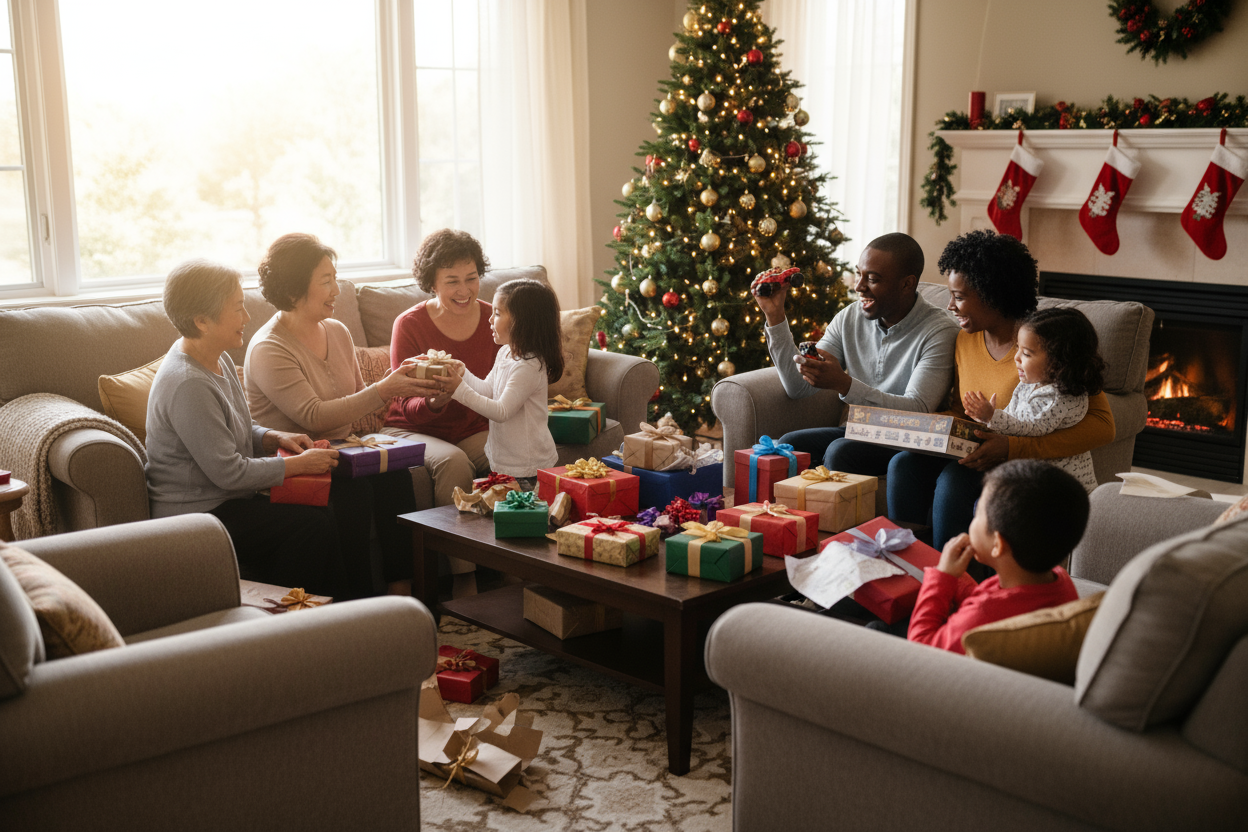 a family giving each other gifts