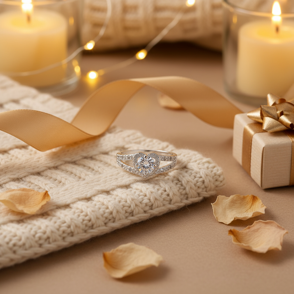 Warm and cozy gift-ready photo of Charming Heart Zirconia Silver Ring