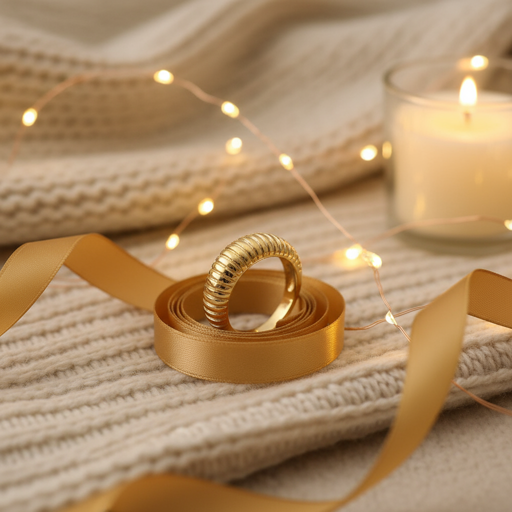 Warm and cozy gift-ready photo of Gold Pinstripe Ring