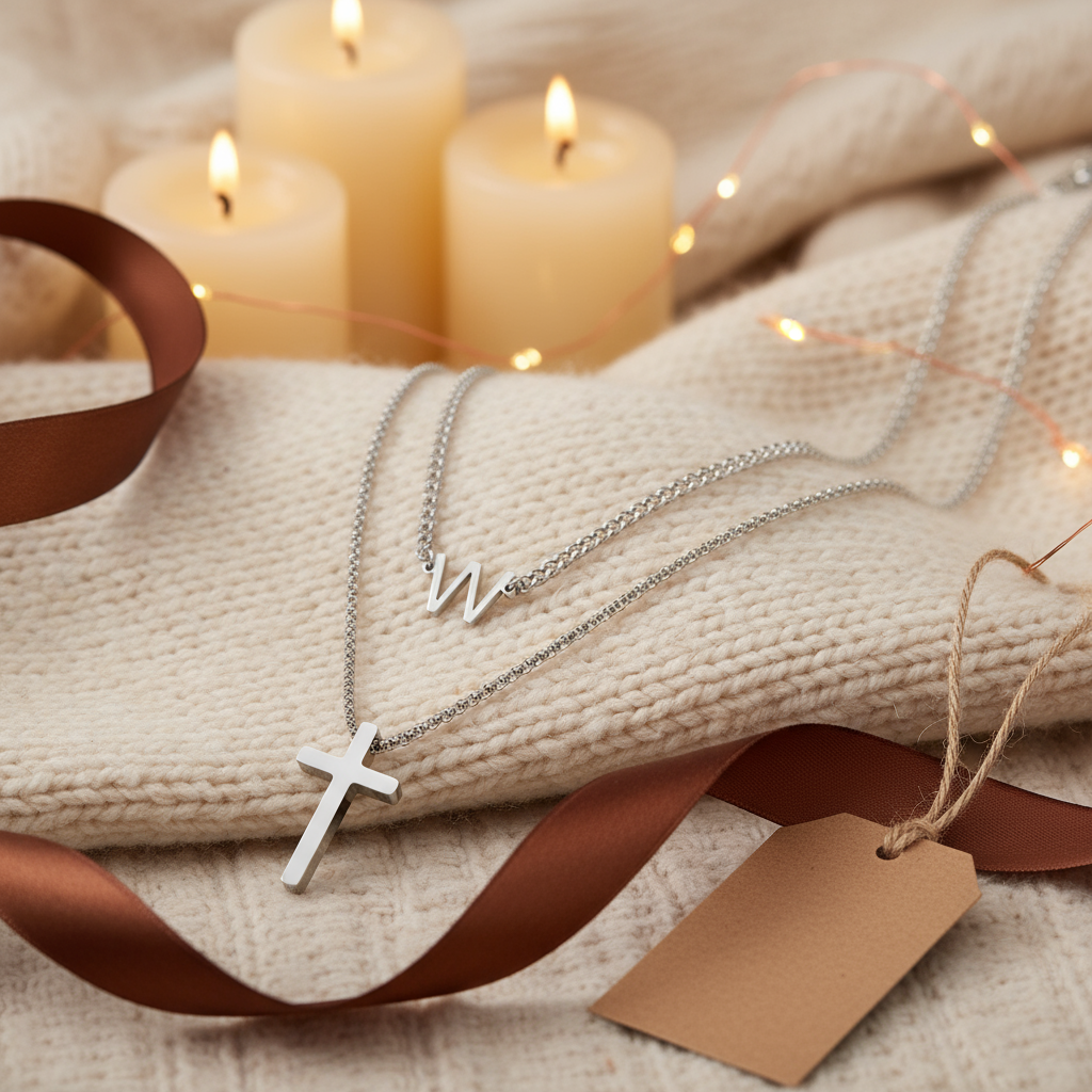 Warm and cozy gift-ready photo of Men's Initial Cross Necklace