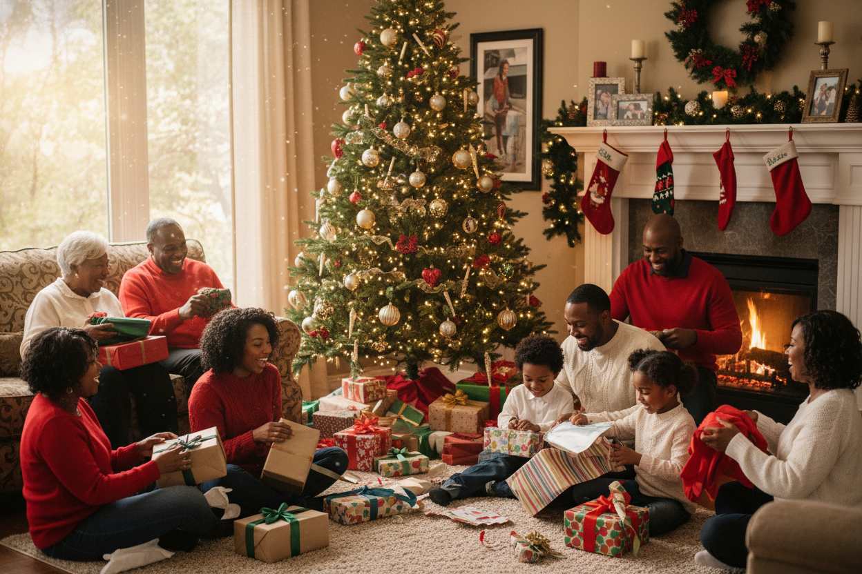 A black family giving each other christmas presents