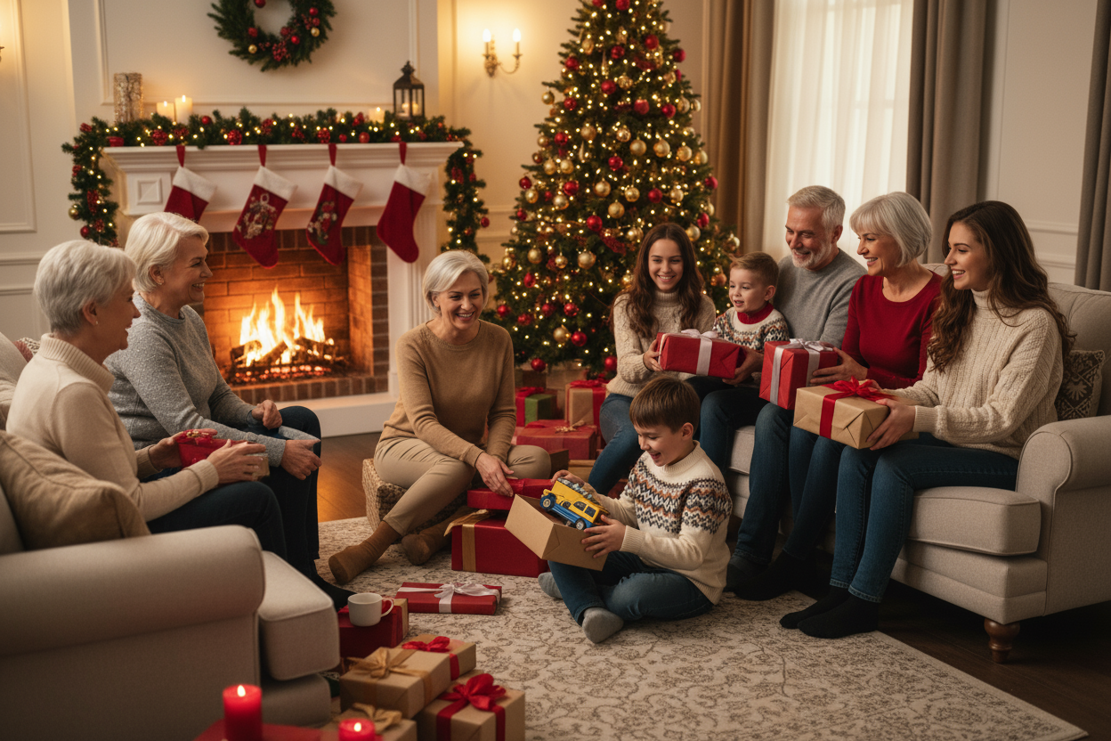 A family gathered around during the  holidays giving gifts