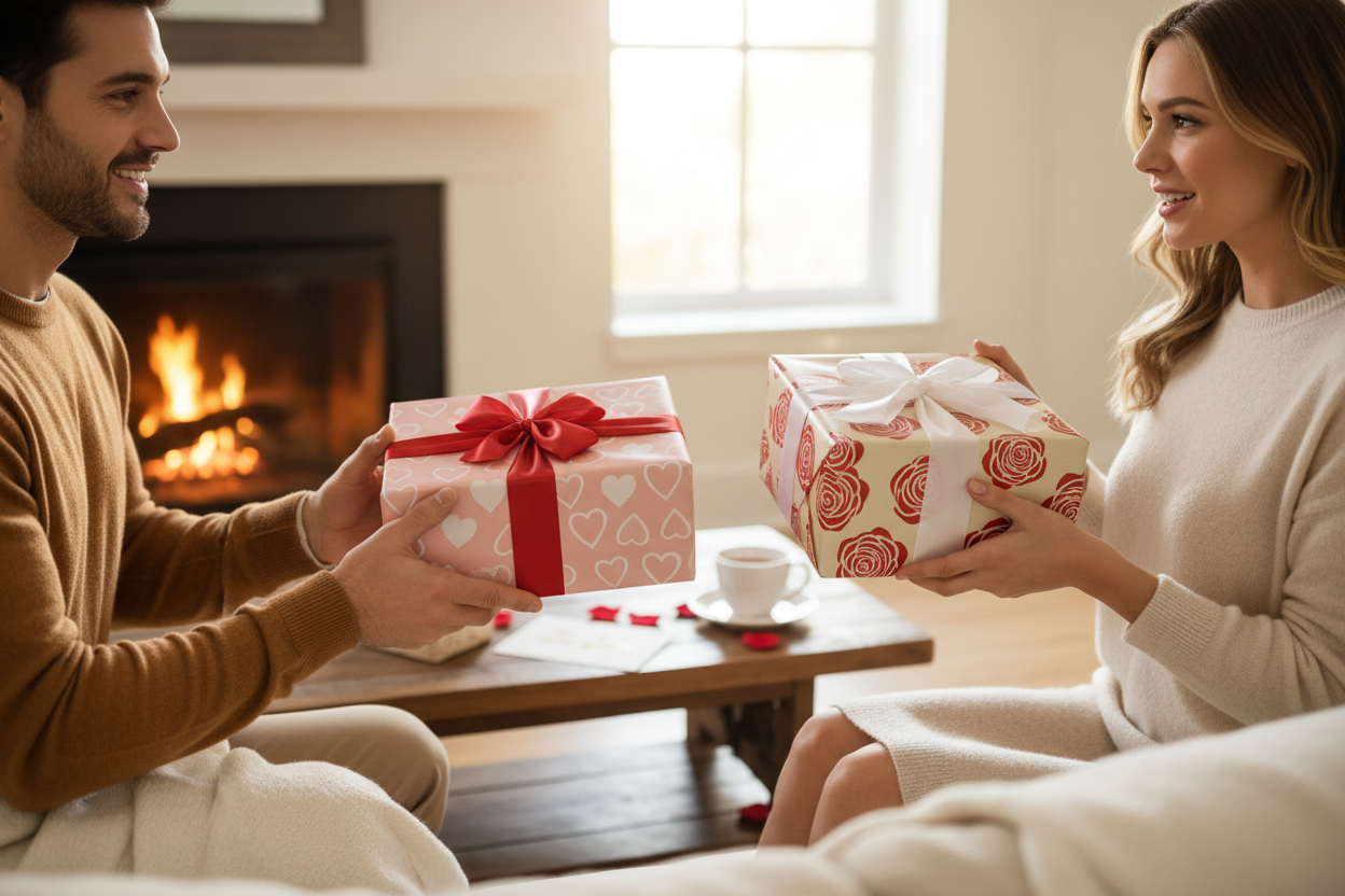 Couple exchanging Valentine's Day gifts