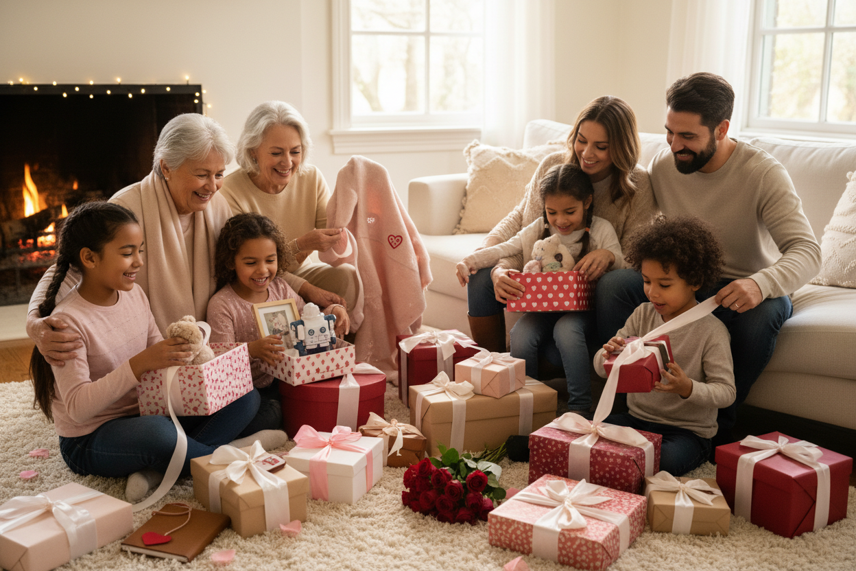 Diverse family opening Valentine's Day gifts