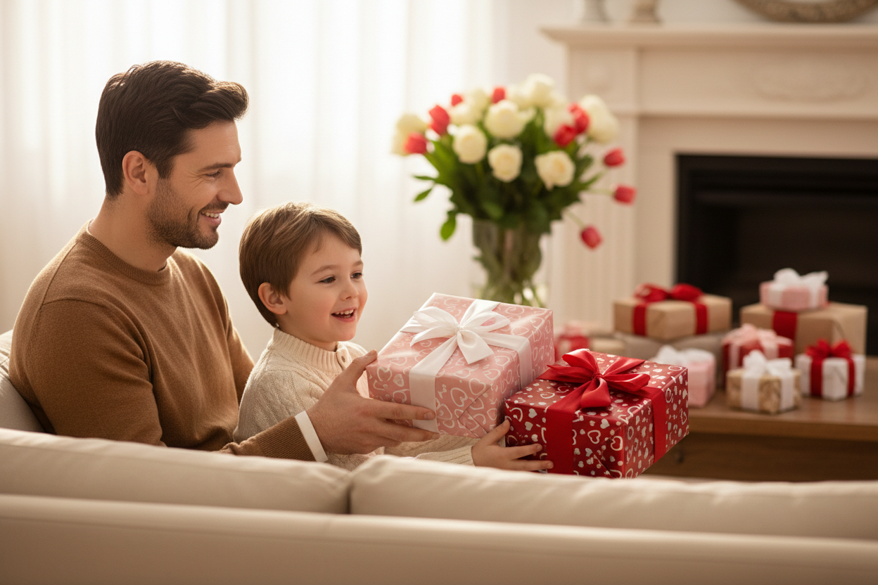 Father and son exchanging Valentine's Day gifts