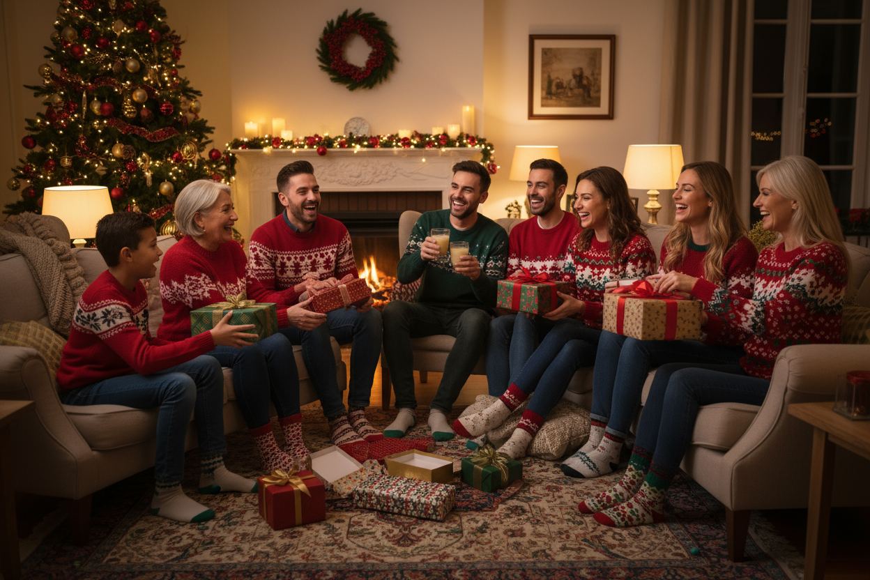 holiday with people gathered around giving each other gifts