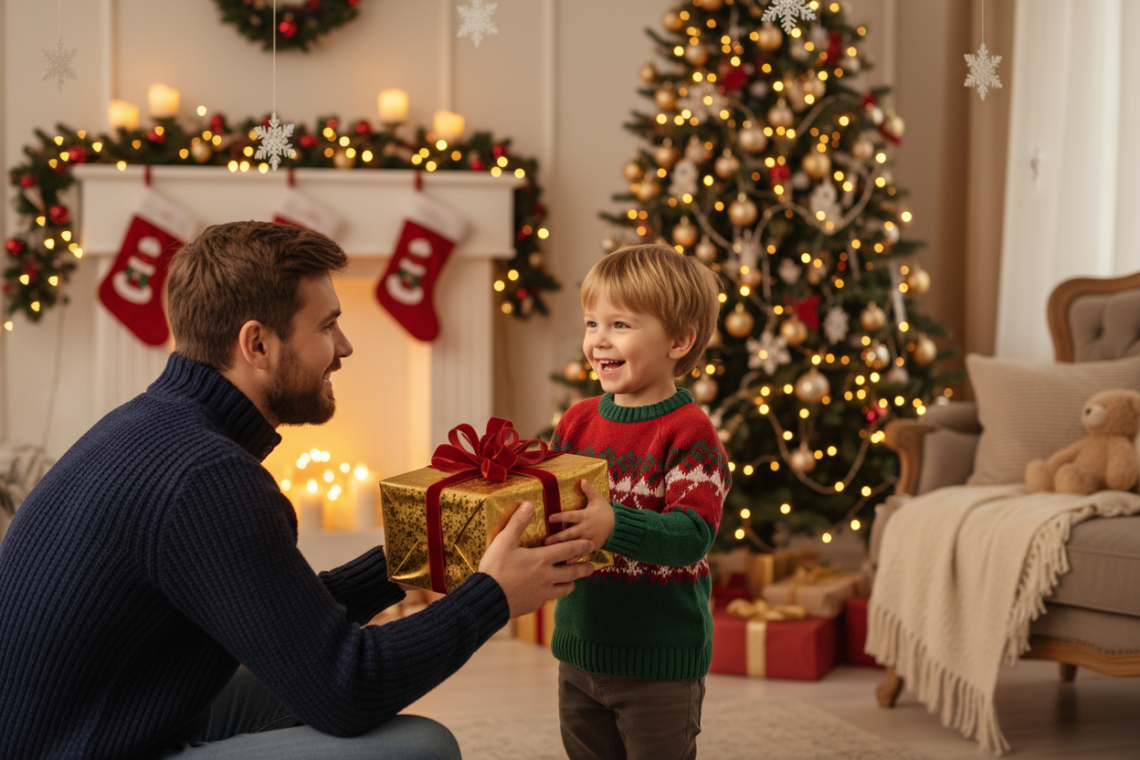 Little boy handing his dad a present during the holidays