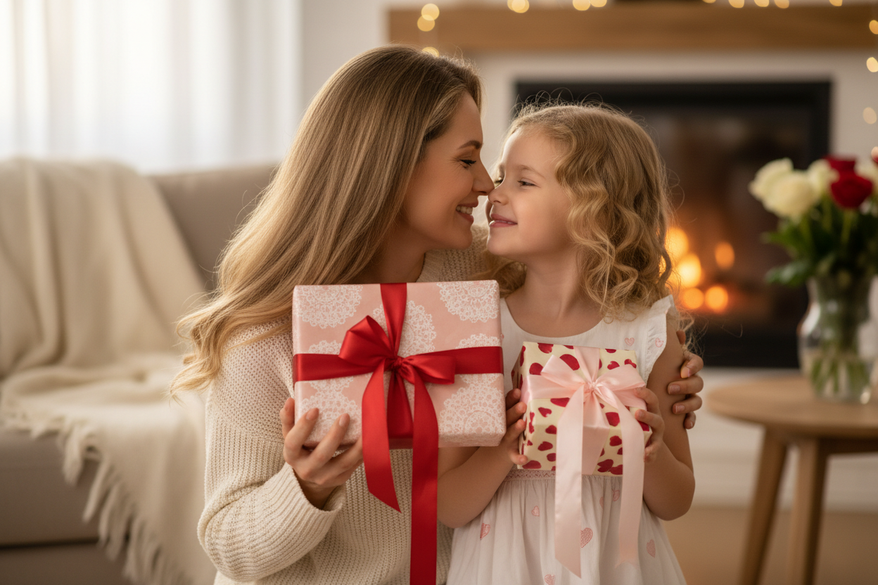 Mother and daughter hugging with Valentine's Day gifts