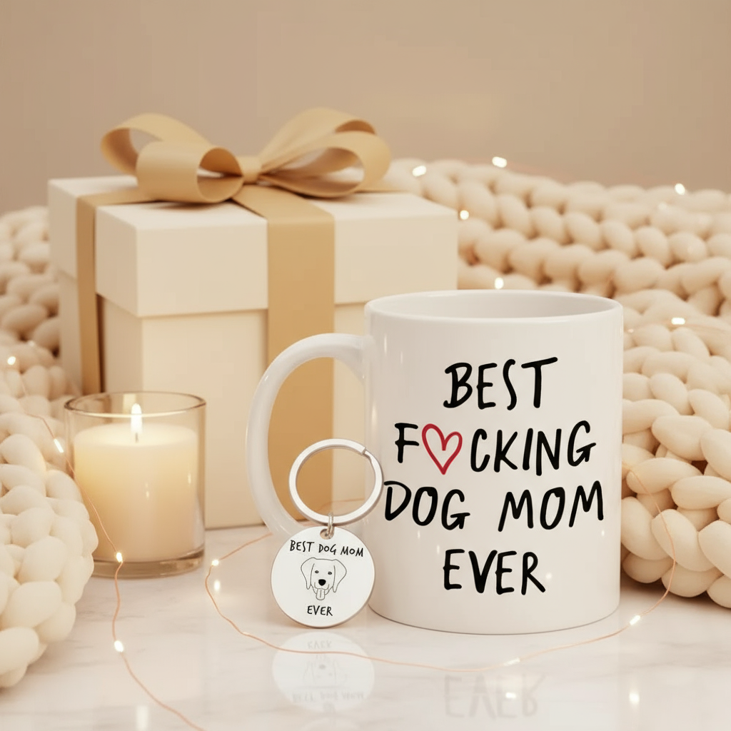 Warm and cozy gift-ready photo of Best Dog Mom Ever Coffee Mug & Keychain Set