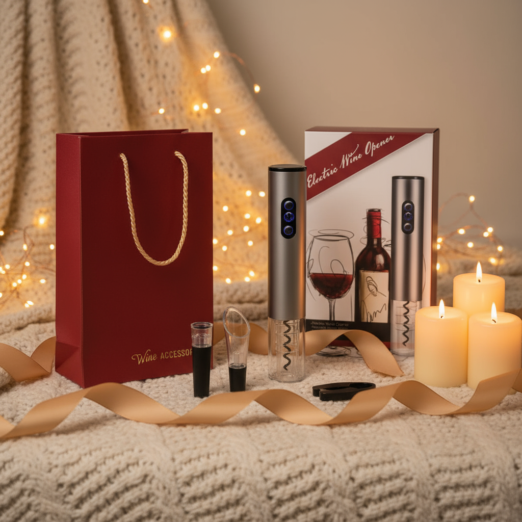 Warm and cozy gift-ready photo of Electric Wine Opener 4-Piece Gift Set