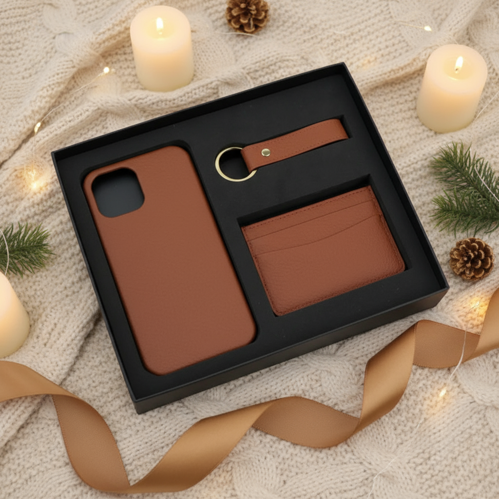 Warm and cozy gift-ready photo of Leather Phone & Wallet Gift Set with products fully visible