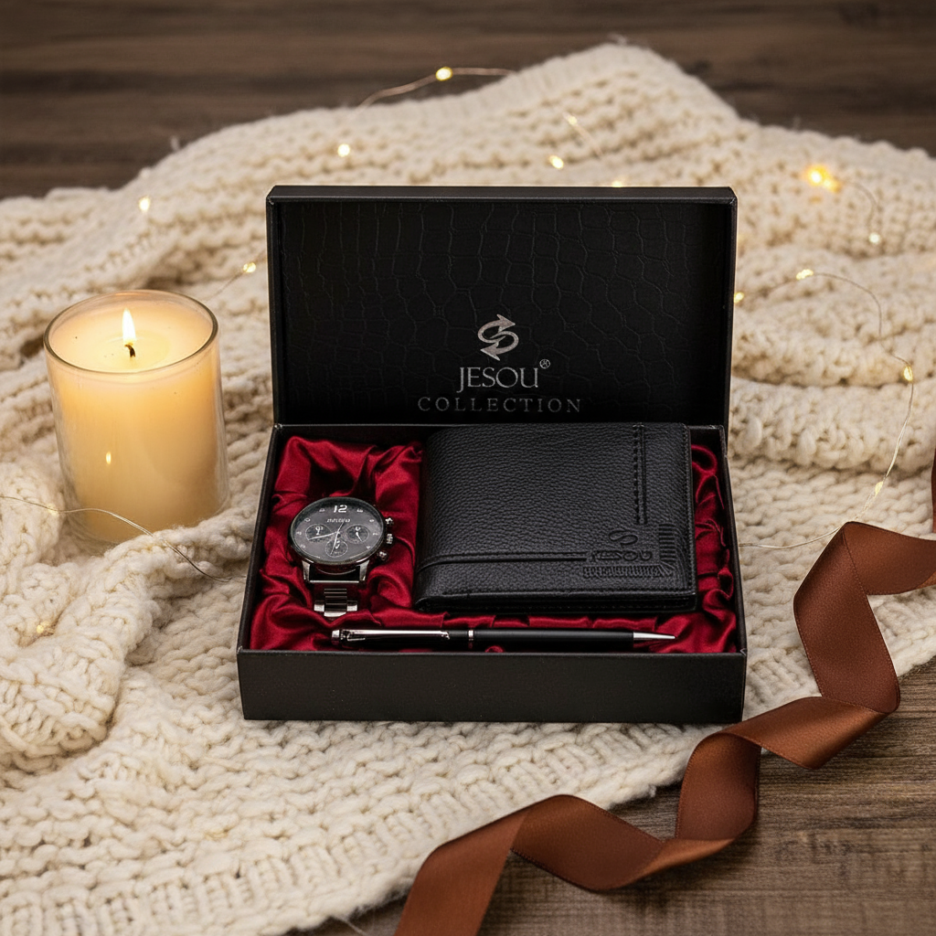 Warm and cozy gift-ready photo of Men's Style Trio: Watch, Wallet & Pen