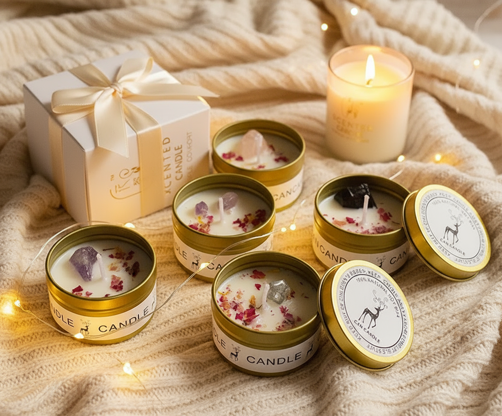 Warm and cozy gift-ready photo of Raw Crystal Scented Candles
