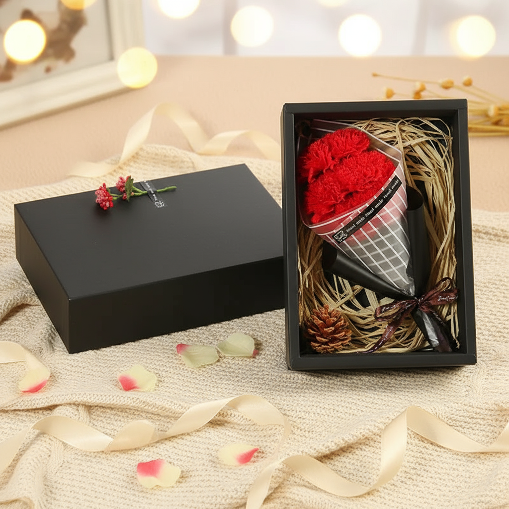 Warm and cozy gift-ready photo of Soap Flower Gift Set - Carnations