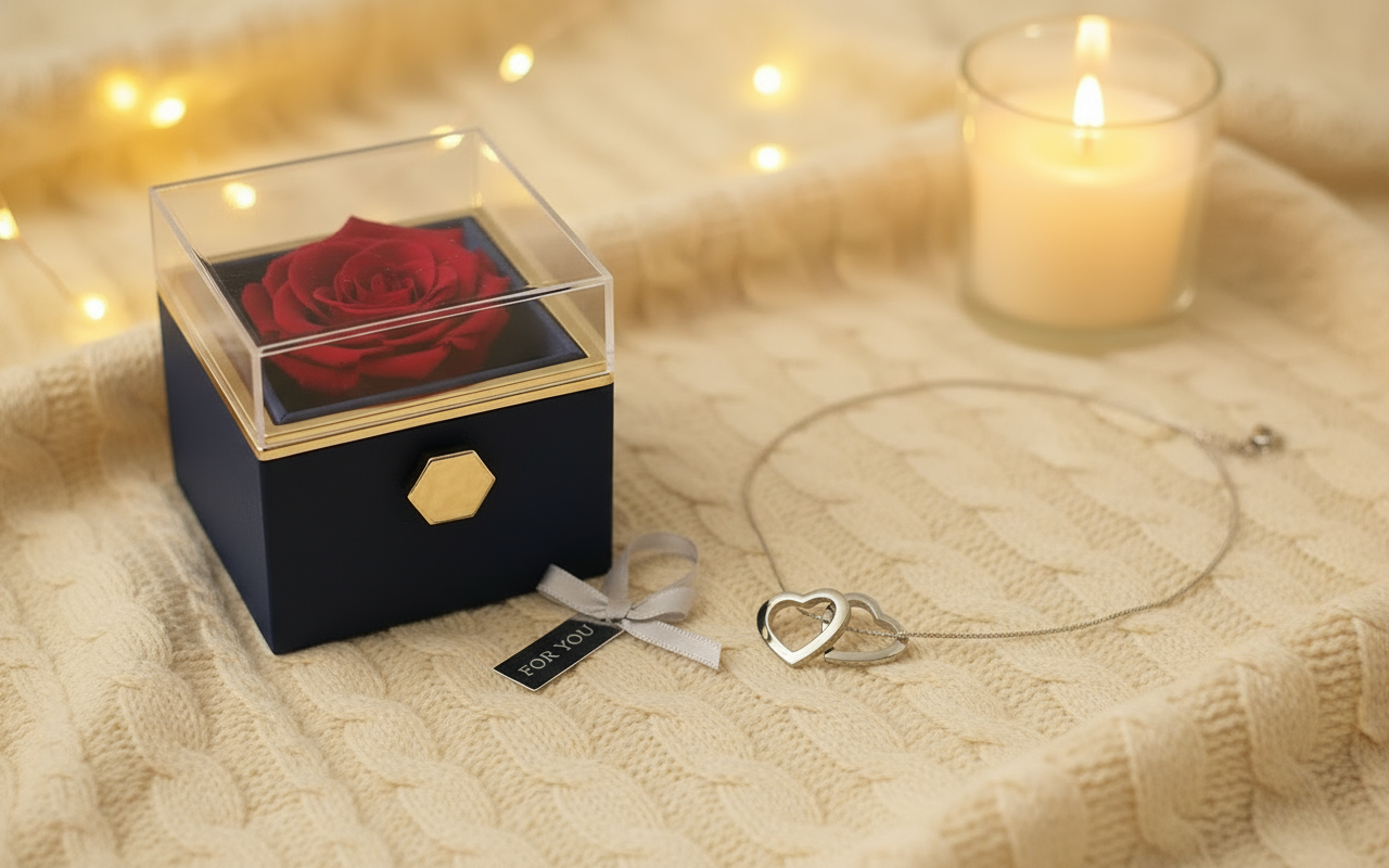 Warm and cozy gift-ready photo of Stainless Steel Double Heart Necklace Gift Set