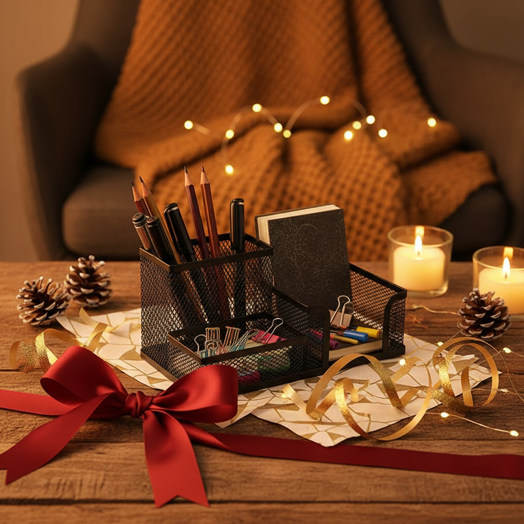 Warm gift-ready desk organizer fully visible