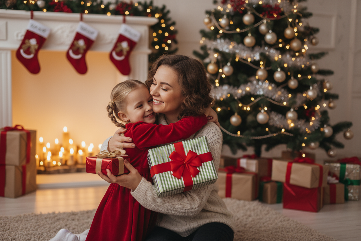 Woman and girl hugging with presents during the holidays